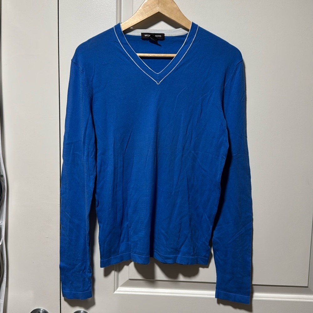 Michael Kors blue w white lining v neck cotton sweater size medium